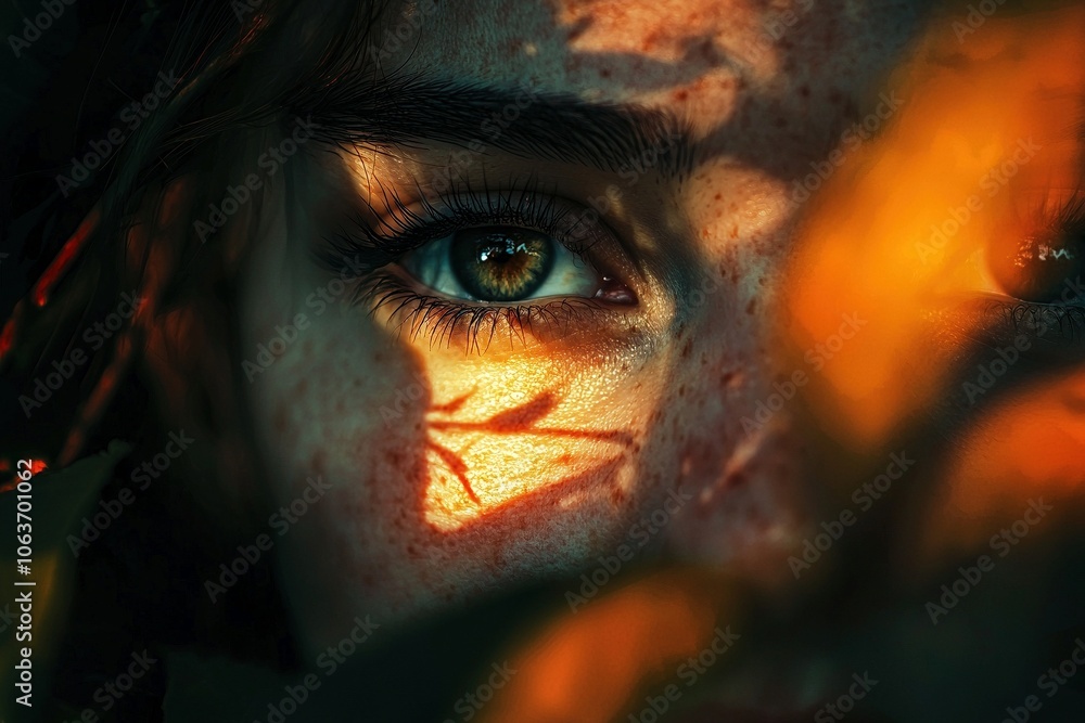 Nahaufnahme des Gesichts einer Frau mit den Schatten von Pflanzen bei Sonnenuntergang Nahaufnahme des Gesichts einer Frau mit den Schatten von Pflanzen bei Sonnenuntergang