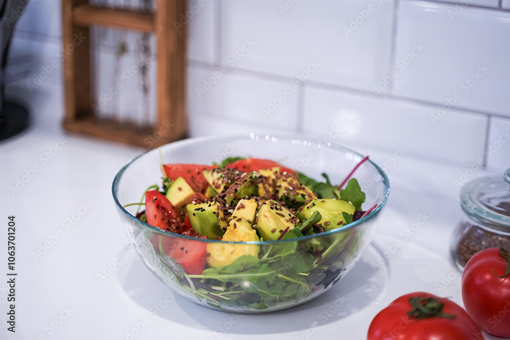 Full bowl of fresh green salad close up on a light table on a kitchen. Concept helpful and healthy food