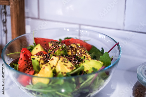 Obraz na płótnie Full bowl of fresh green salad close up on a light table on a kitchen. Concept helpful and healthy food w salonie