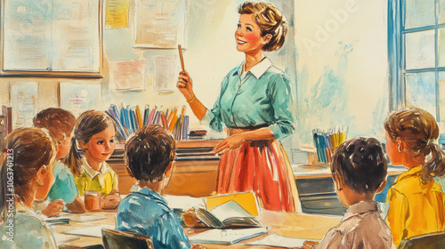 Engaging illustration of teacher in classroom, surrounded by eager students