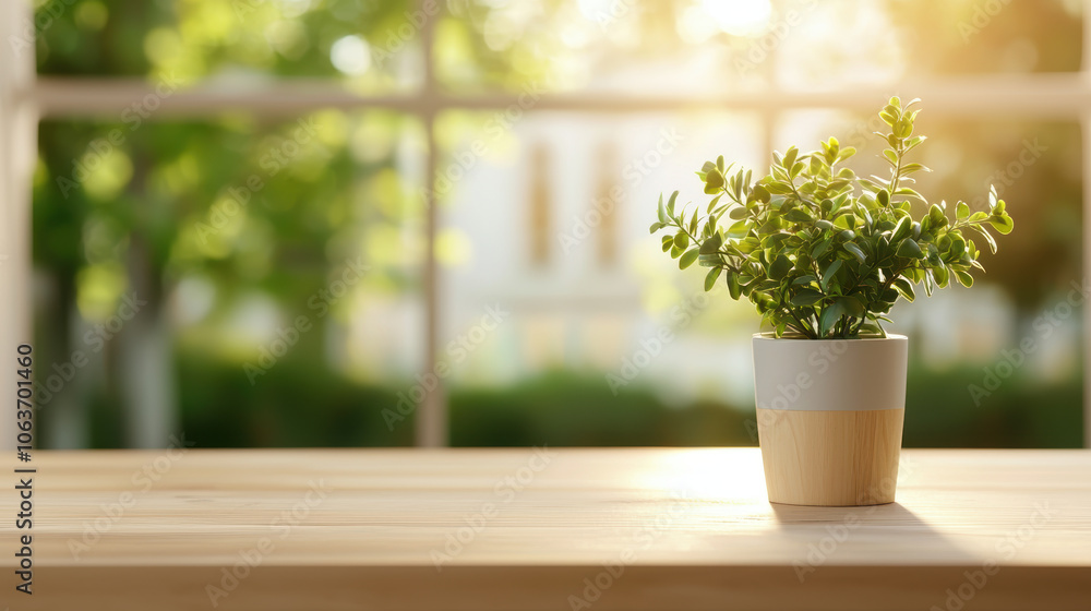 modern Scandinavian room featuring small potted plant on wooden table, illuminated by warm sunlight streaming through window, creating serene atmosphere modern Scandinavian room featuring small potted plant on wooden table, illuminated by warm sunlight streaming through window, creating serene atmosphere