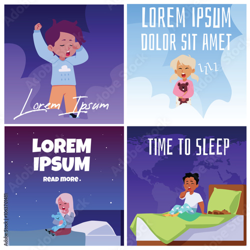 Children in pajamas yawn - set of vector flyers in flat style.