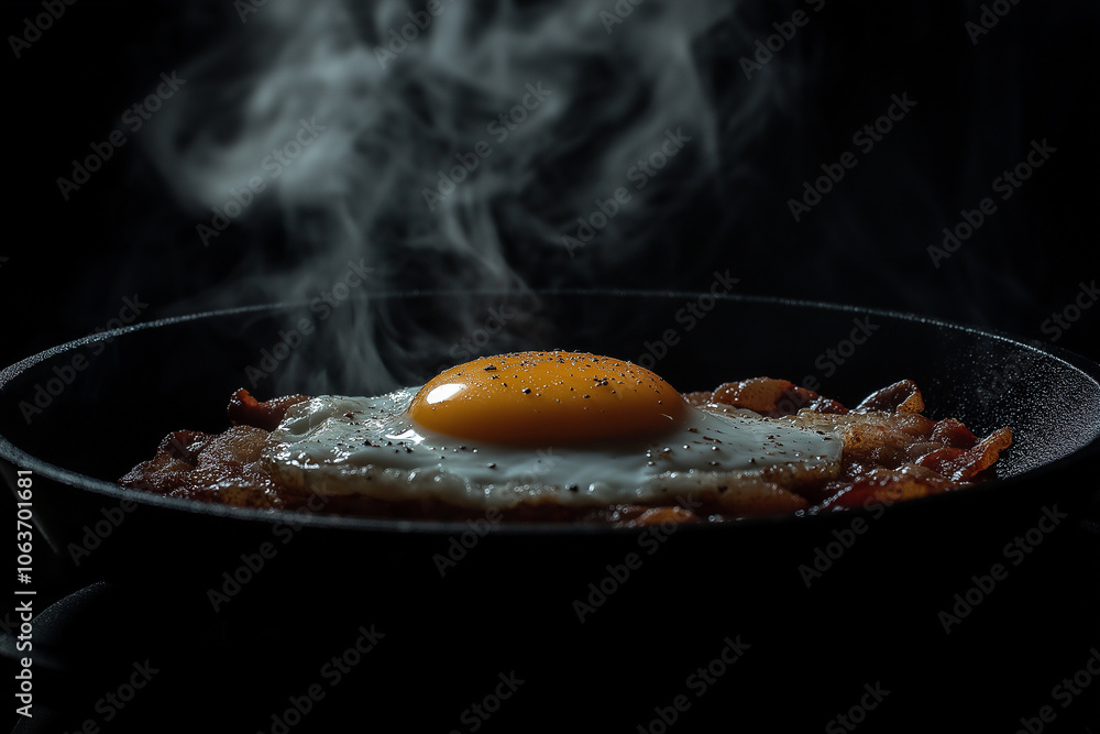 Sizzling breakfast delight with a golden yolk on crispy bacon in a smoky kitchen Generative AI Sizzling breakfast delight with a golden yolk on crispy bacon in a smoky kitchen Generative AI
