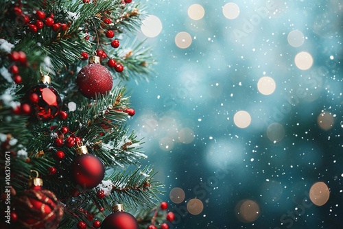 Weihnachtlicher Hintergrund mit Schnee und verschiedenen weihnachtlichen Dekorationen - Freier Platz für Text   