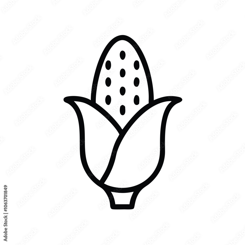Simple corn icon with husk outline, Black and white outline illustration of a corn cob with husk, symbolizing agriculture, harvest, and food in a minimalist style. Simple corn icon with husk outline, Black and white outline illustration of a corn cob with husk, symbolizing agriculture, harvest, and food in a minimalist style.