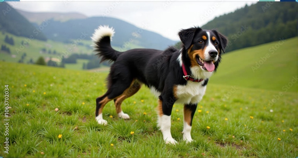 Happy Australian Shepherd in green meadow Happy Australian Shepherd in green meadow