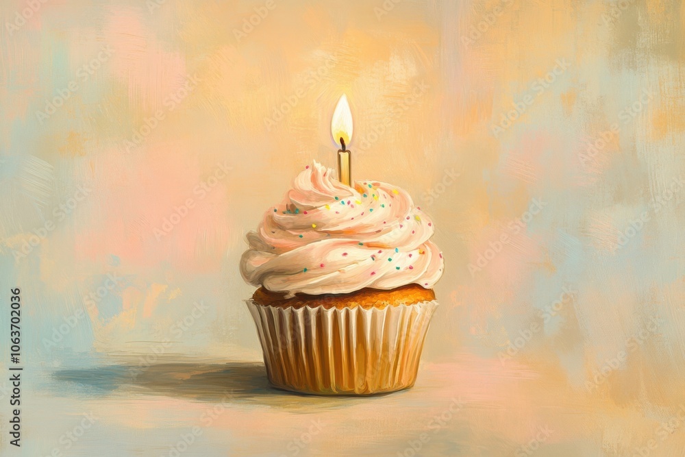Delightful Cupcake with Candle on a Beautiful Background Delightful Cupcake with Candle on a Beautiful Background