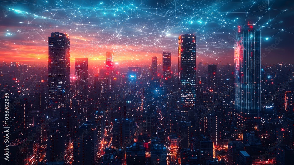 A luminous skyline of a bustling city, adorned with intricate patterns and networks of light, showcasing the synergy between modernity and connectivity. A luminous skyline of a bustling city, adorned with intricate patterns and networks of light, showcasing the synergy between modernity and connectivity.