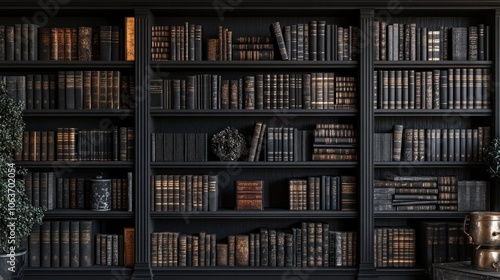A black bookshelf filled with antique books in a dark room with a small plant in the corner.