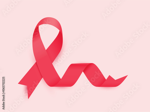 Red silky ribbon for HIV awareness day in December on baby pink background. Vector illustration