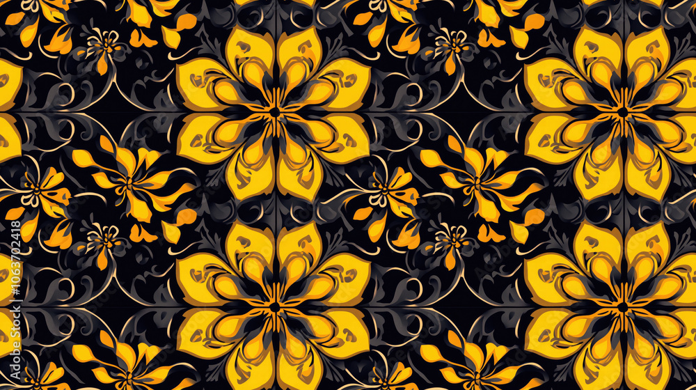 Geometric seamless pattern in vibrant yellow with symmetrical kaleidoscope design ideal for textile prints and home decor Geometric seamless pattern in vibrant yellow with symmetrical kaleidoscope design ideal for textile prints and home decor