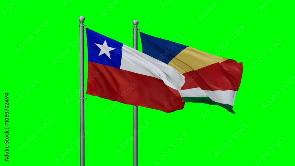 Seychelles and Chile flags flying together, video concept of the relationship with colored chroma key for easy background remove Seychelles and Chile flags flying together, video concept of the relationship with colored chroma key for easy background remove