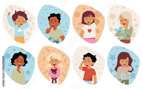 Vector icons depicting yawning girls and boys in pajamas against a background of simple patterns