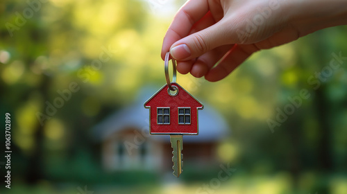 Female Hand Holding Key with Red House Keychain against White House and Green Garden Background 