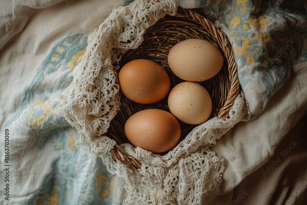 Close-up of Fresh Eggs in Basket, Gathered from Farm, Agriculture Scene Close-up of Fresh Eggs in Basket, Gathered from Farm, Agriculture Scene