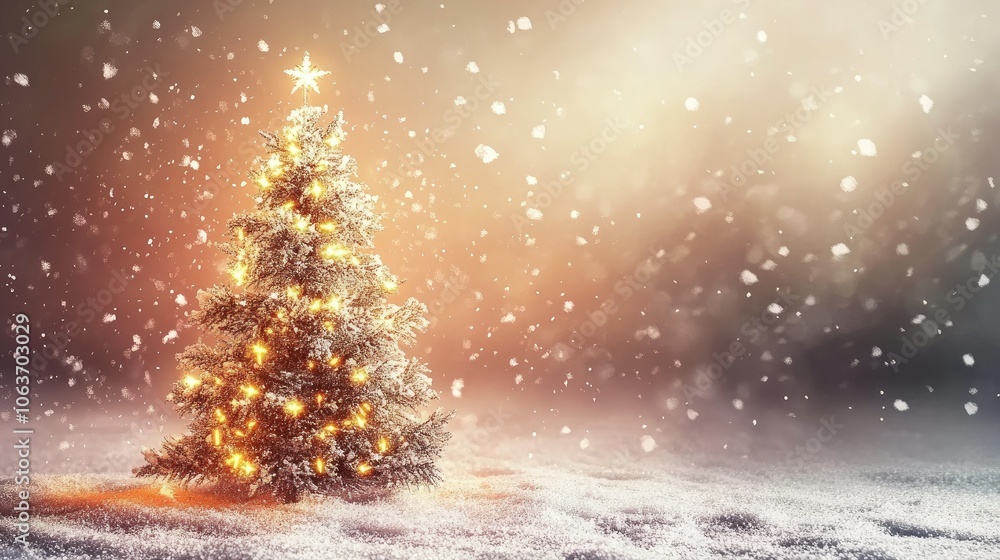 Shimmering Christmas tree with snowflakes falling Shimmering Christmas tree with snowflakes falling