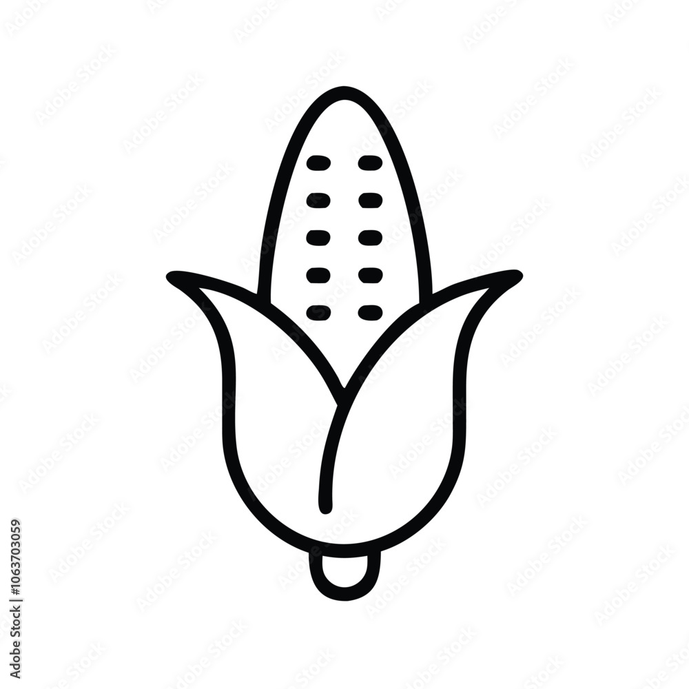 Simple corn icon with husk outline, Black and white outline illustration of a corn cob with husk, symbolizing agriculture, harvest, and food in a minimalist style. Simple corn icon with husk outline, Black and white outline illustration of a corn cob with husk, symbolizing agriculture, harvest, and food in a minimalist style.