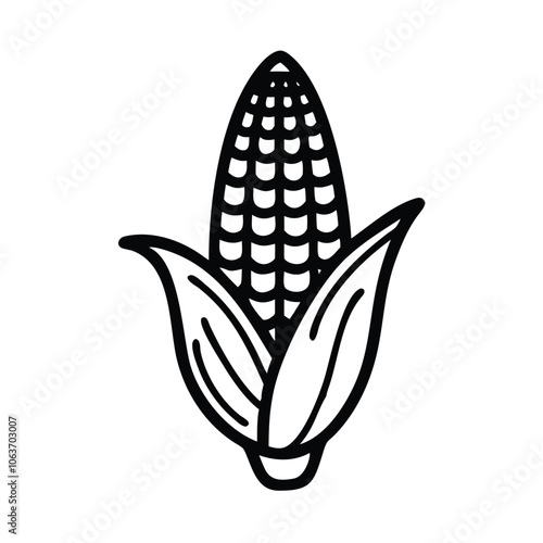 Simple corn icon with husk outline, Black and white outline illustration of a corn cob with husk, symbolizing agriculture, harvest, and food in a minimalist style.