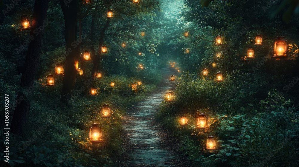 A winding path through a dense forest lit by glowing lanterns. A winding path through a dense forest lit by glowing lanterns.