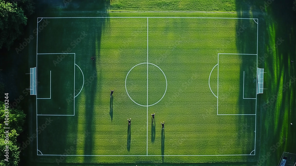 The empty soccer field is seen from above, showcasing its well-maintained grass and markings. Shadows stretch across the field from nearby trees under sunny skies The empty soccer field is seen from above, showcasing its well-maintained grass and markings. Shadows stretch across the field from nearby trees under sunny skies