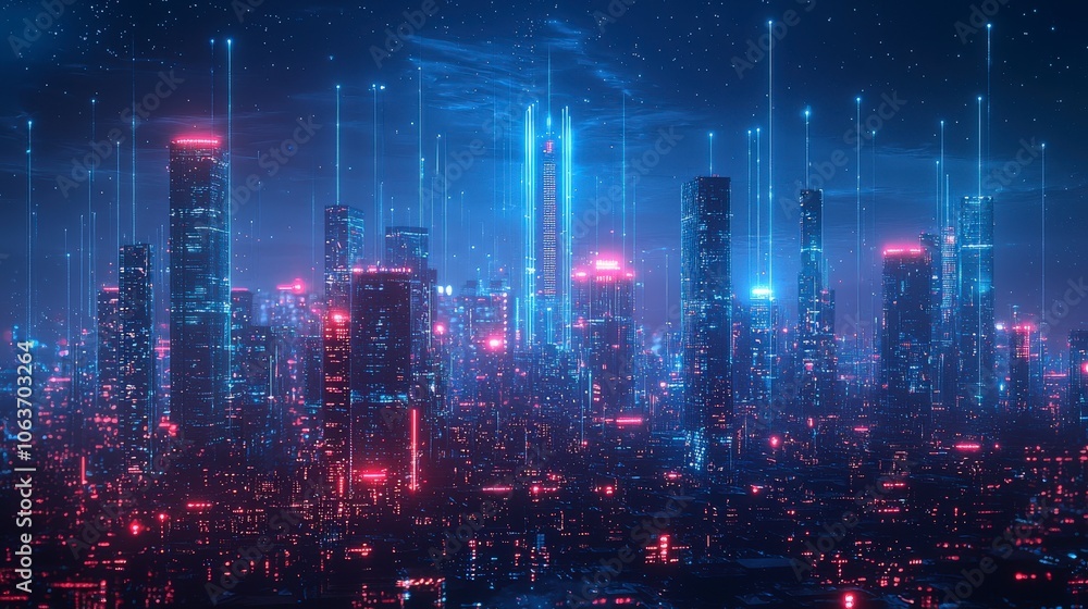 Under a digital night sky, illuminated skyscrapers display a symphony of colors, accentuating the fusion of technological brilliance and urban vitality. Under a digital night sky, illuminated skyscrapers display a symphony of colors, accentuating the fusion of technological brilliance and urban vitality.