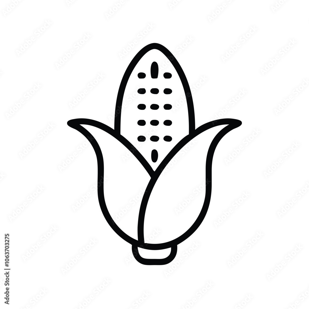 Simple corn icon with husk outline, Black and white outline illustration of a corn cob with husk, symbolizing agriculture, harvest, and food in a minimalist style. Simple corn icon with husk outline, Black and white outline illustration of a corn cob with husk, symbolizing agriculture, harvest, and food in a minimalist style.