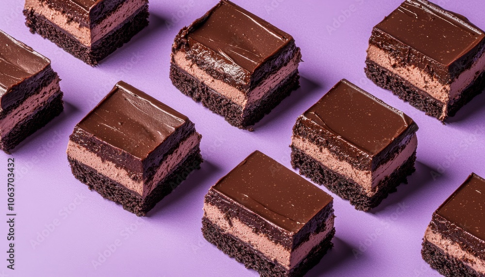 Dark chocolate cake slices with layers of chocolate mousse, arranged in a pattern on a deep purple background. Dark chocolate cake slices with layers of chocolate mousse, arranged in a pattern on a deep purple background.