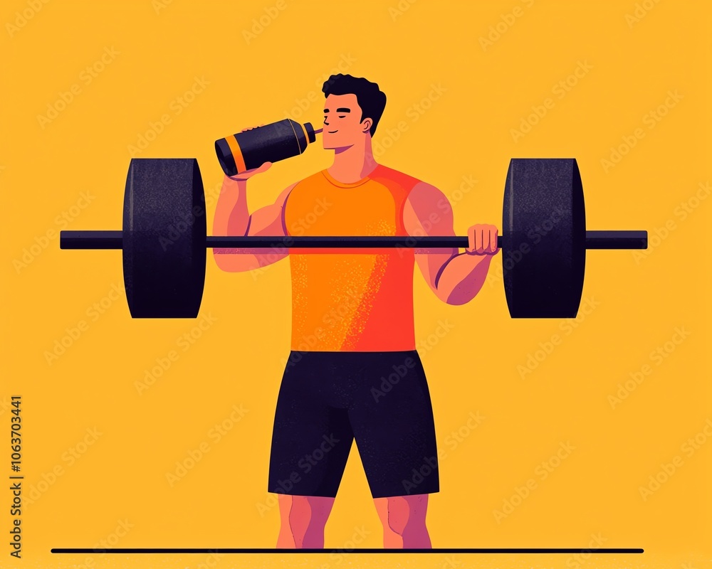 Illustration of a man lifting a barbell while drinking from a shaker, showcasing fitness and strength training. Illustration of a man lifting a barbell while drinking from a shaker, showcasing fitness and strength training.