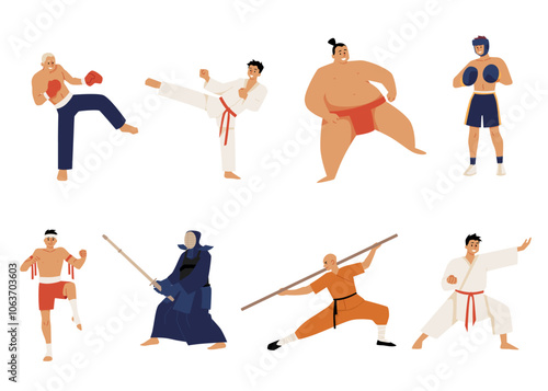 An extensive set of martial arts vectors on a white background, from karate to sumo