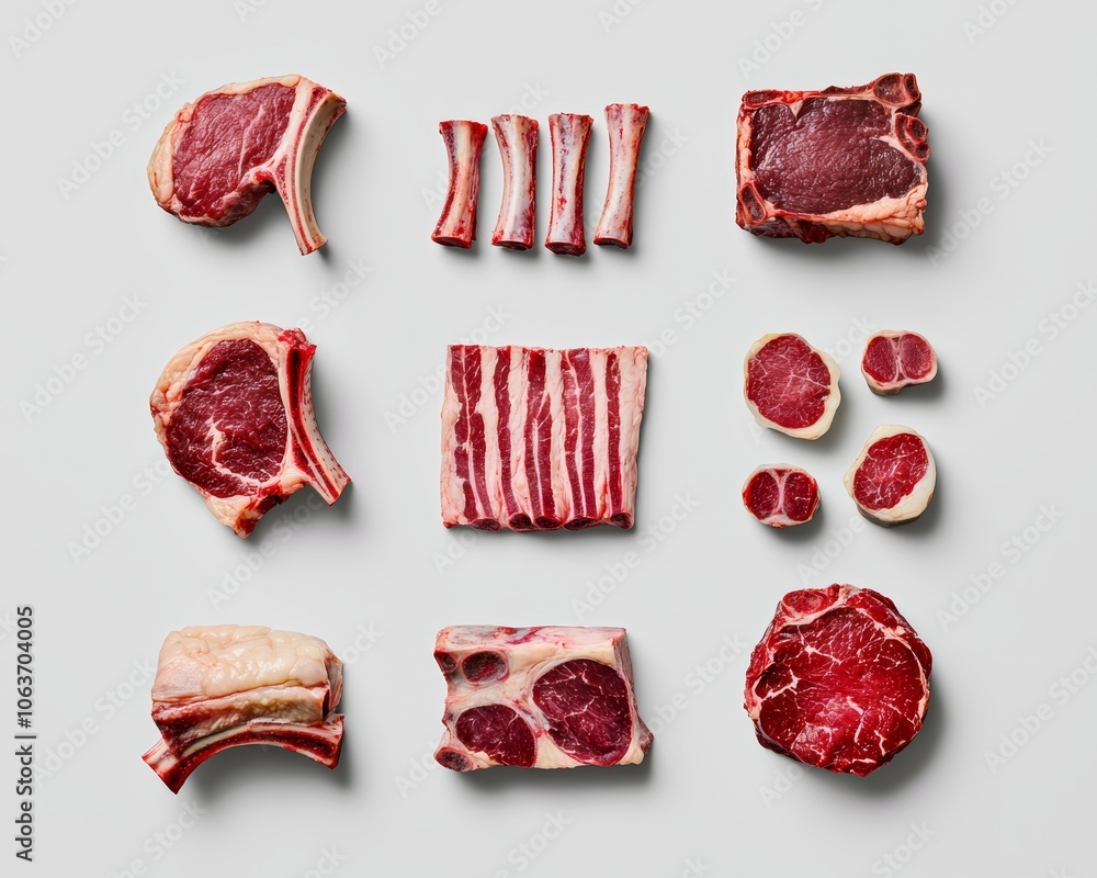 Freshly sliced cuts of different meats, including lamb, chicken, and beef, displayed neatly on a white background for a clean, minimalistic look. Freshly sliced cuts of different meats, including lamb, chicken, and beef, displayed neatly on a white background for a clean, minimalistic look.