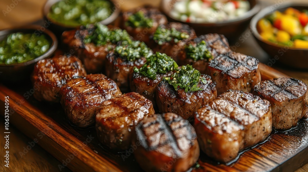 plate of sizzling churrasco artfully arranged showcasing the juicy meat paired with fresh chimichurri offering an enticing glimpse of south american cuisine plate of sizzling churrasco artfully arranged showcasing the juicy meat paired with fresh chimichurri offering an enticing glimpse of south american cuisine
