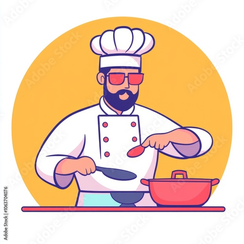 A chef in a white uniform cooking with a pot and spoon.