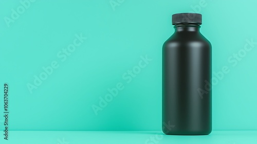 Stylish black bottle against a vibrant teal background, perfect for showcasing modern design and hydration themes.