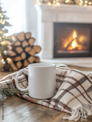 Wallpaper Mural Mockup White Mug by Fireplace with Plaid Blanket, Cozy Setting Design Template Torontodigital.ca