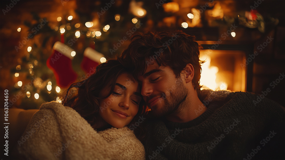 A couple sharing a quiet, joyful moment by a crackling fireplace, wrapped in cozy blankets, with Christmas stockings hanging nearby. A couple sharing a quiet, joyful moment by a crackling fireplace, wrapped in cozy blankets, with Christmas stockings hanging nearby.