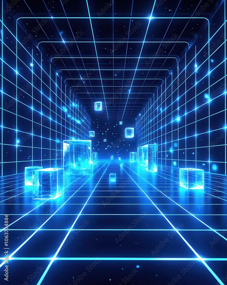 A futuristic digital tunnel with glowing blue cubes floating in a neon grid pattern, creating a sense of high-speed movement and infinite space. A futuristic digital tunnel with glowing blue cubes floating in a neon grid pattern, creating a sense of high-speed movement and infinite space.