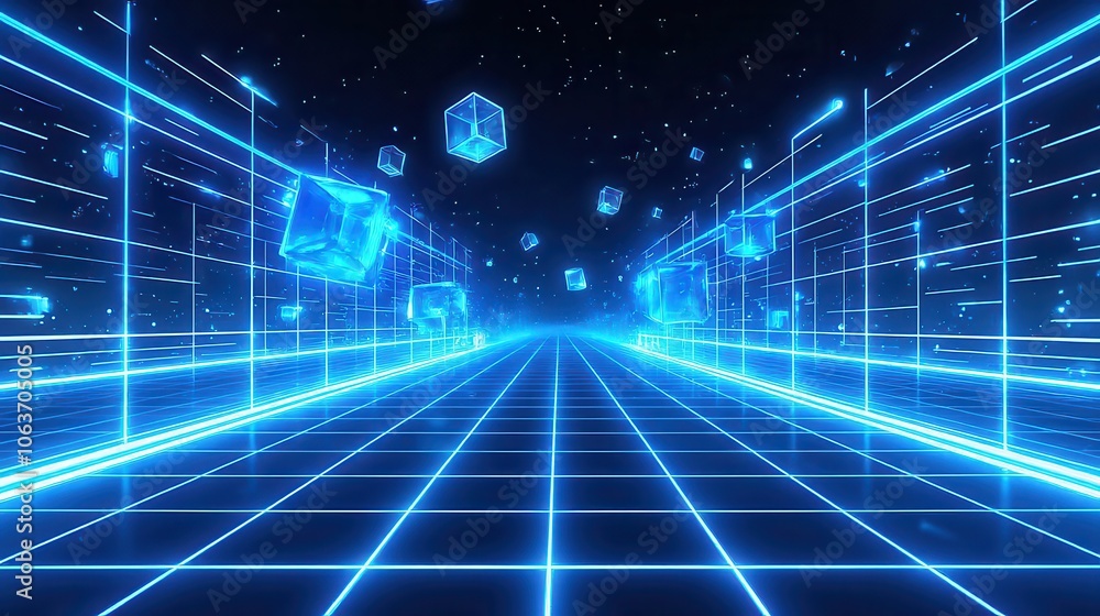 A futuristic digital tunnel with glowing blue cubes floating in a neon grid pattern, creating a sense of high-speed movement and infinite space. A futuristic digital tunnel with glowing blue cubes floating in a neon grid pattern, creating a sense of high-speed movement and infinite space.