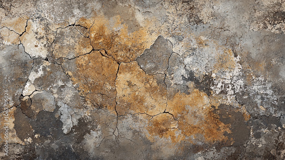 Naklejka premium Textured wall with cracks and peeling paint, showcasing a mix of earthy tones, ideal for background or artistic projects.