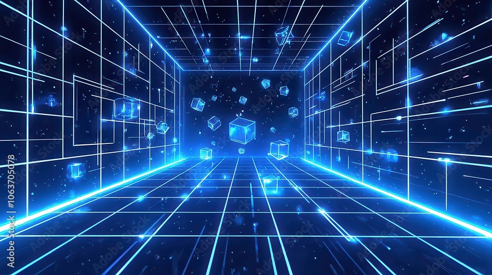 A futuristic digital tunnel with glowing blue cubes floating in a neon grid pattern, creating a sense of high-speed movement and infinite space. A futuristic digital tunnel with glowing blue cubes floating in a neon grid pattern, creating a sense of high-speed movement and infinite space.