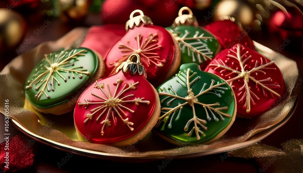 Cookies designed to look like Christmas tree ornaments, with vibrant, shiny icing Cookies designed to look like Christmas tree ornaments, with vibrant, shiny icing