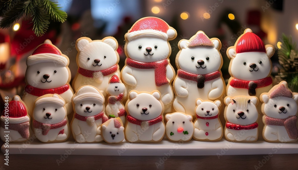 A whimsical collection of cookies shaped like cute animals dressed for Christmas A whimsical collection of cookies shaped like cute animals dressed for Christmas