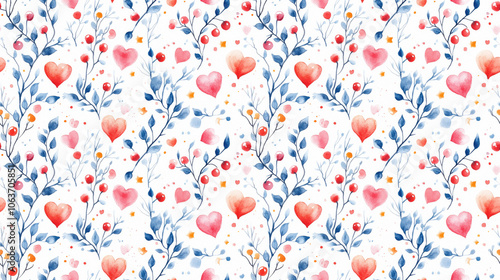 Watercolor winter seamless pattern featuring vibrant berries charming hearts twinkling stars and delicate branches ideal for invitations and greeting card designs