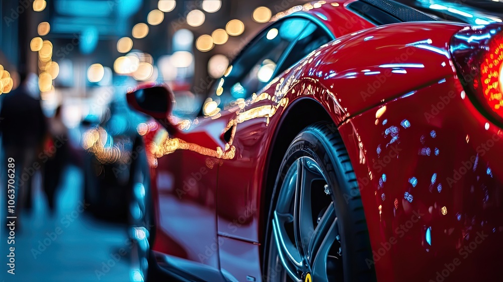 Red Sports Car with Blurred Background of Lights