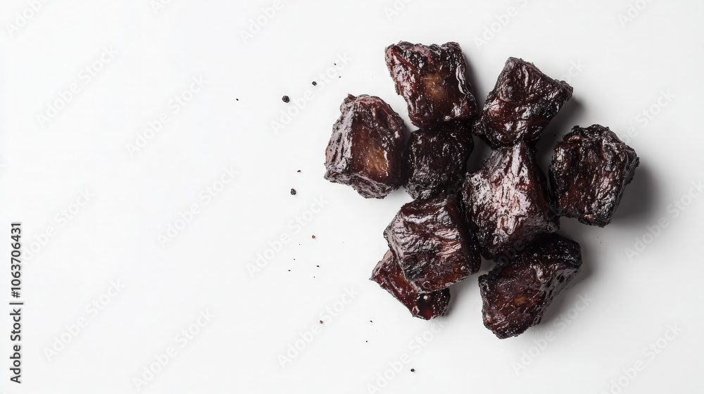 A collection of dark, glossy chunks resembling dried fruit or candy on a white background. A collection of dark, glossy chunks resembling dried fruit or candy on a white background.