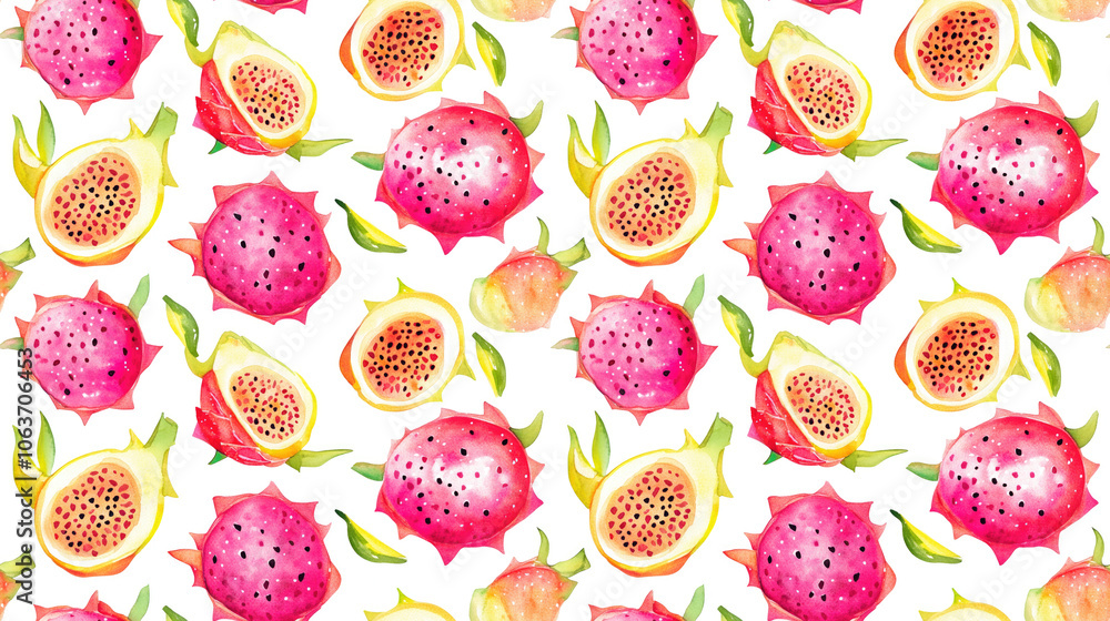 Seamless pattern featuring vibrant watercolor dragon fruits ideal for summer themed designs Seamless pattern featuring vibrant watercolor dragon fruits ideal for summer themed designs