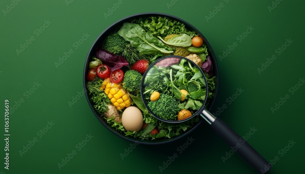 A vibrant bowl of fresh vegetables and greens, highlighted with a magnifying glass, emphasizing healthy eating and nutrition. A vibrant bowl of fresh vegetables and greens, highlighted with a magnifying glass, emphasizing healthy eating and nutrition.