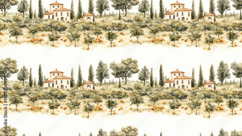 Obraz premium Seamless watercolor pattern of a rustic landscape featuring a villa and farmhouse among fruit trees and cypresses ideal for textile design and home decor