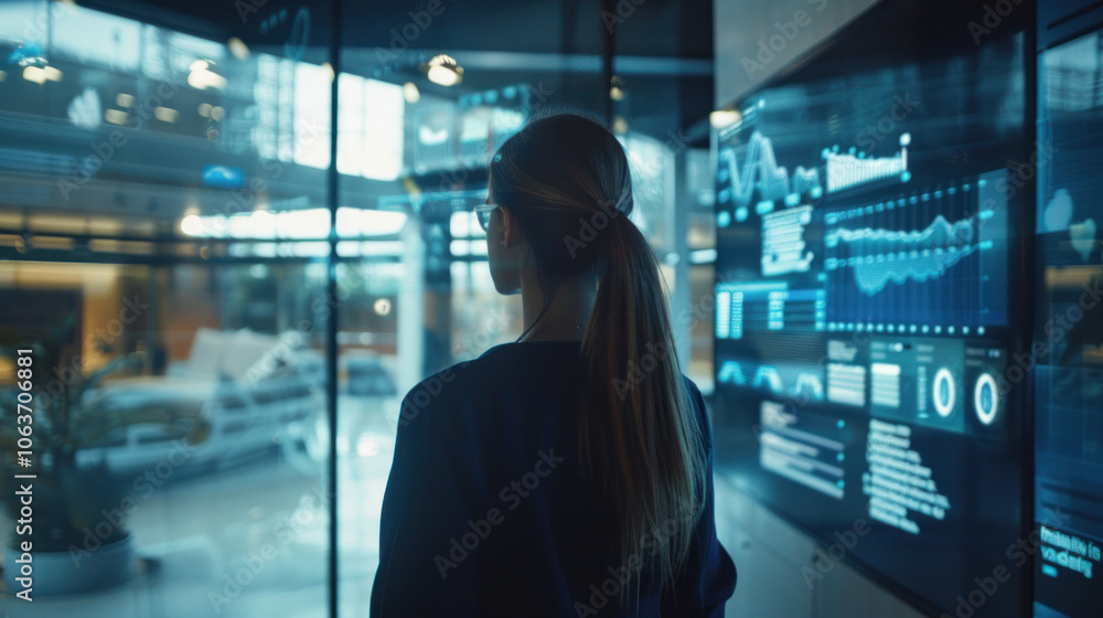 A young entrepreneur reflecting on their journey in a modern office, with digital displays showcasing the evolution of their business from idea to global brand. A young entrepreneur reflecting on their journey in a modern office, with digital displays showcasing the evolution of their business from idea to global brand.