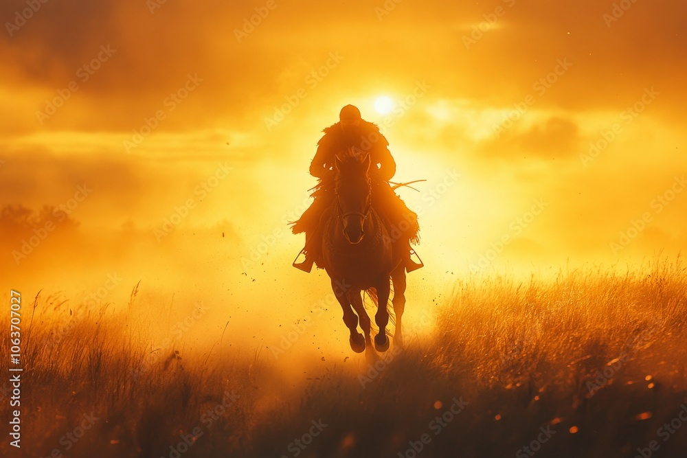 Horse rider trotting across field at sunset creating dust cloud Horse rider trotting across field at sunset creating dust cloud