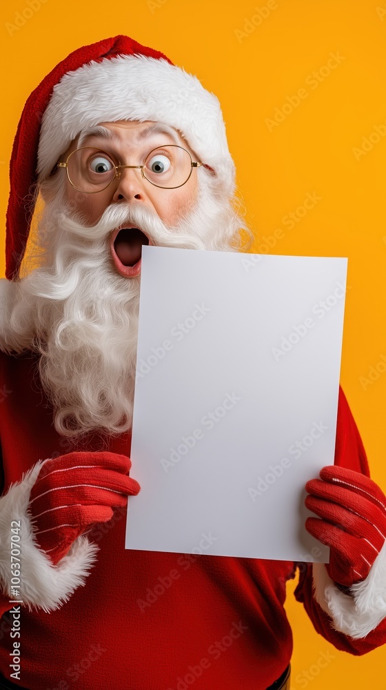 Naklejka premium Surprised Santa Claus holding an empty sheet of paper against a bright yellow background